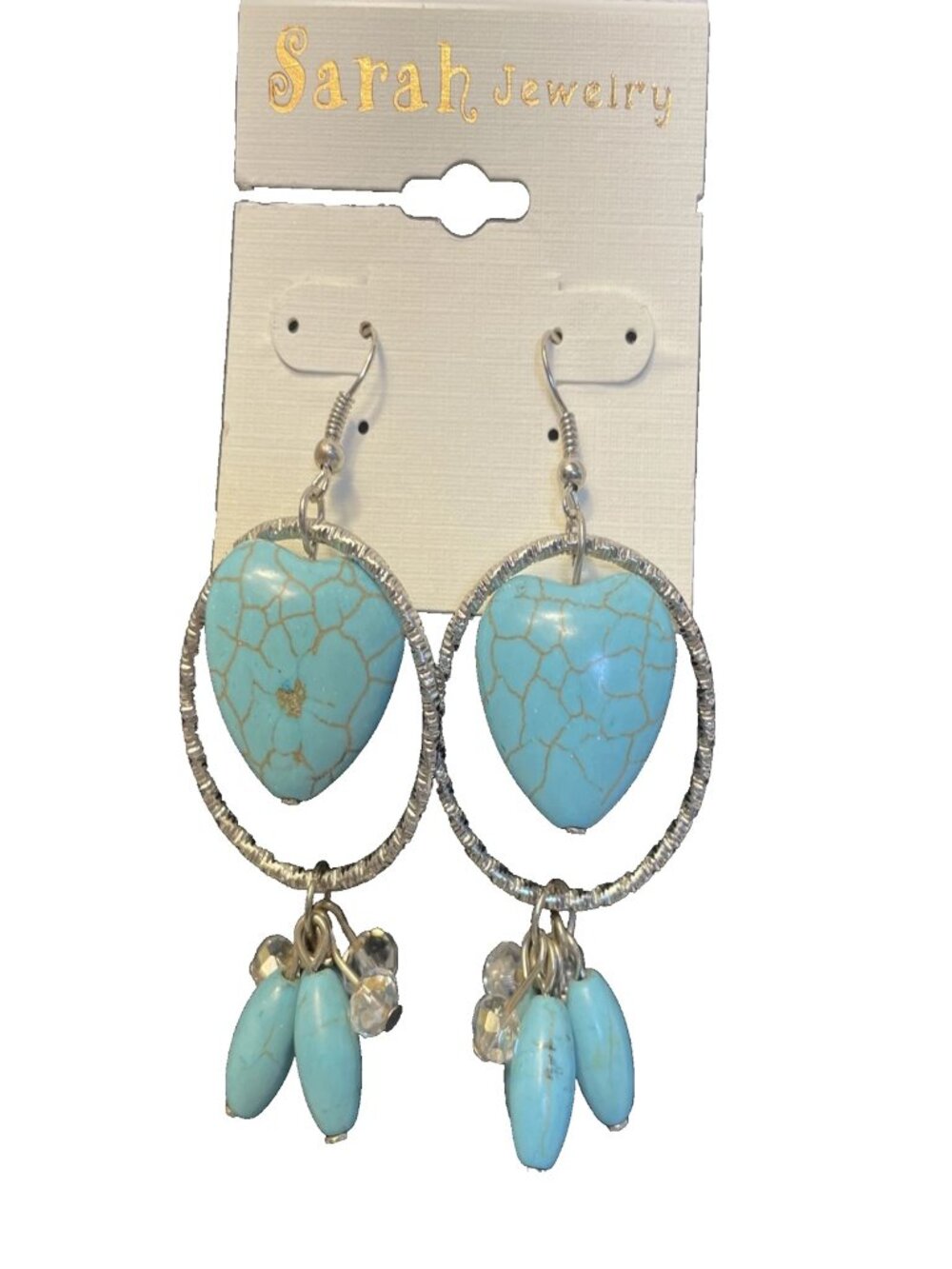 Sarah Jewelry 2.5" Faux Turquoise Heart Silver Tone Hoop Dangle Earrings Beaded